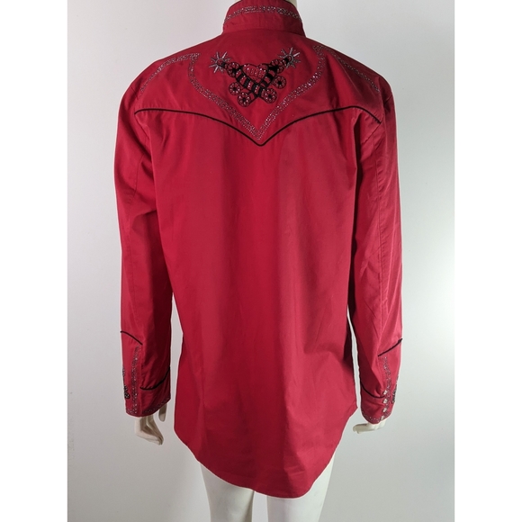 Unisex Red Western Pearl Snap Embellished Shirt Small Southwestern - Picture 7 of 11